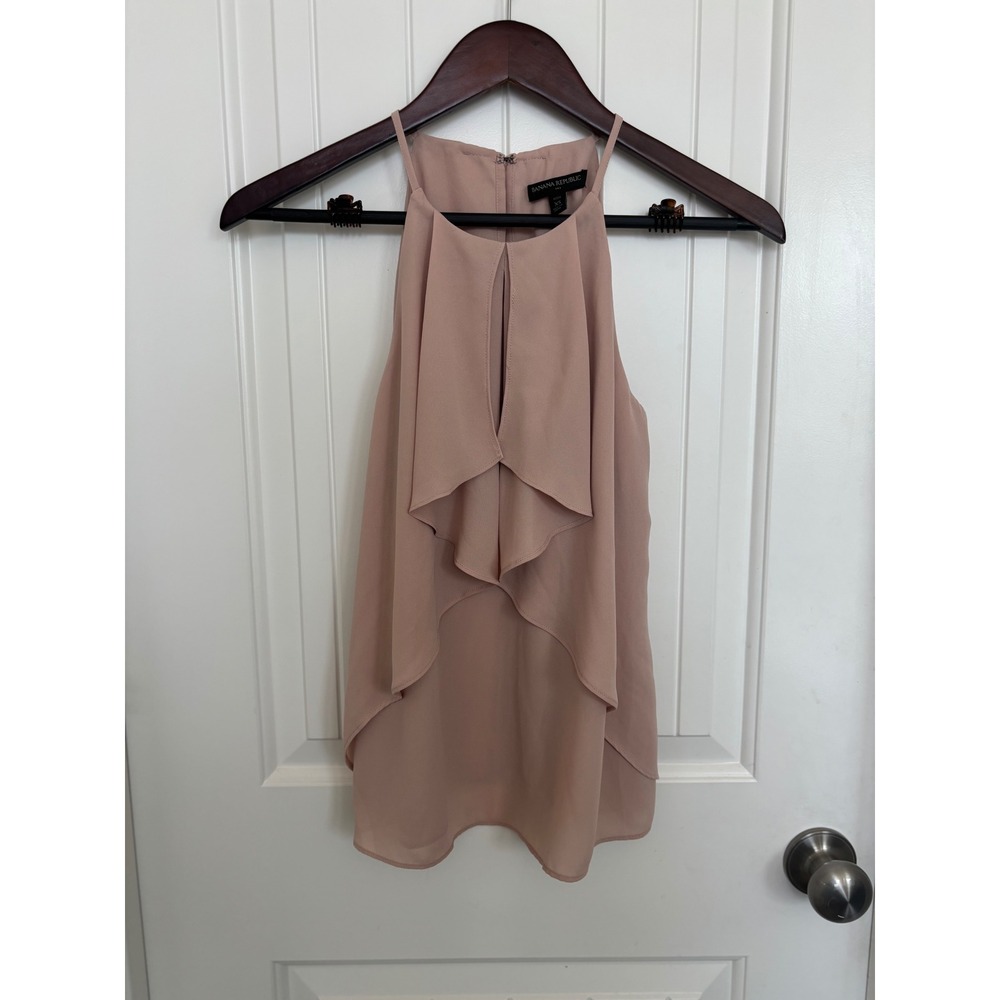 Banana Republic Women's Halter Ruffle Blouse Size XS Petite Taupe‎